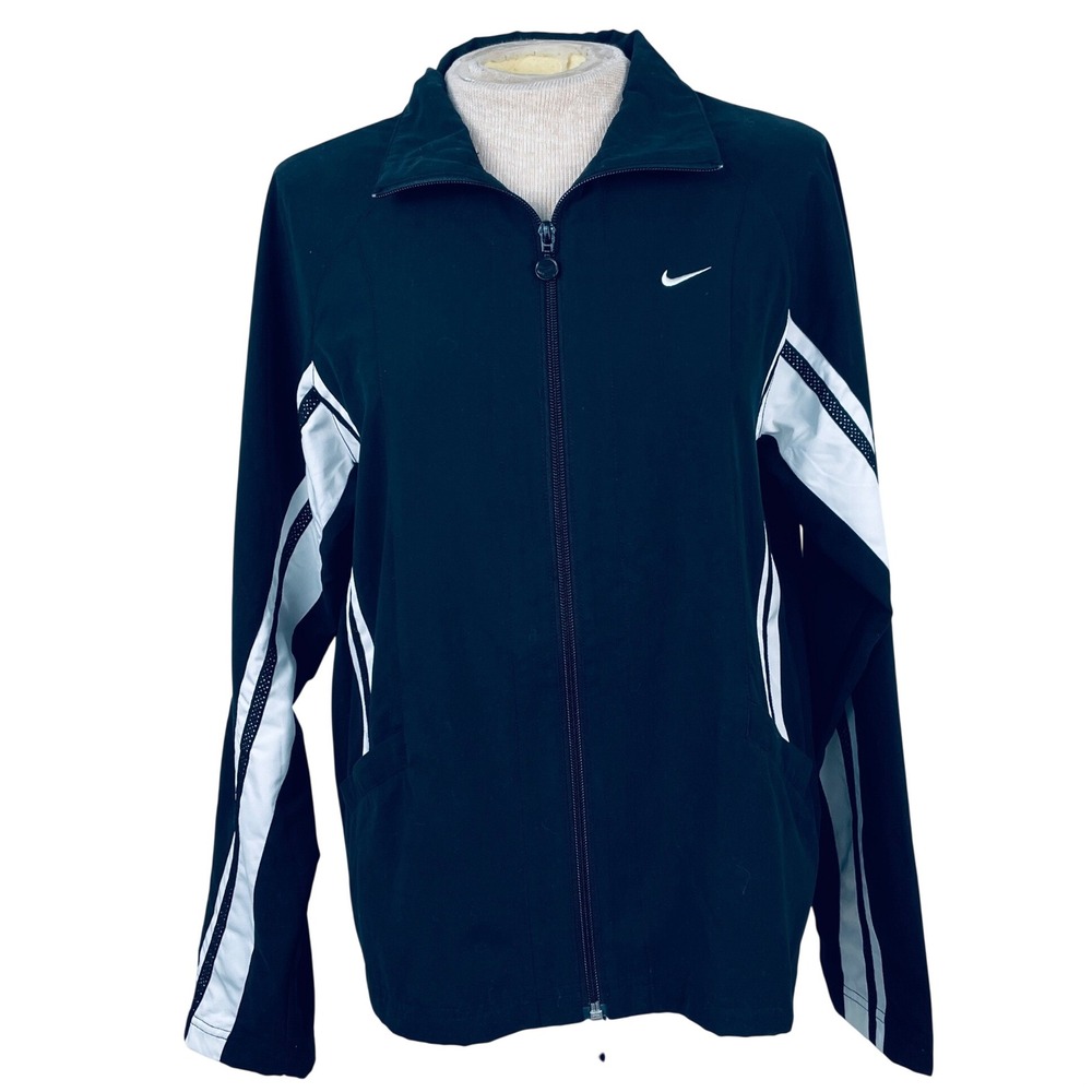 Nike Womens Track Jacket Black White Stripe Full Zip Mesh Trim Medium